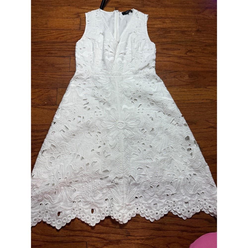 CHONO White Eyelet Lace Floral Embroidery V-Neck Sleeveless Midi Dress‎ Small